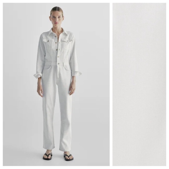 NWT. Massimo Dutti Off White Denim Jumpsuit with Contrast Topstitching. Size S. - Picture 1 of 13